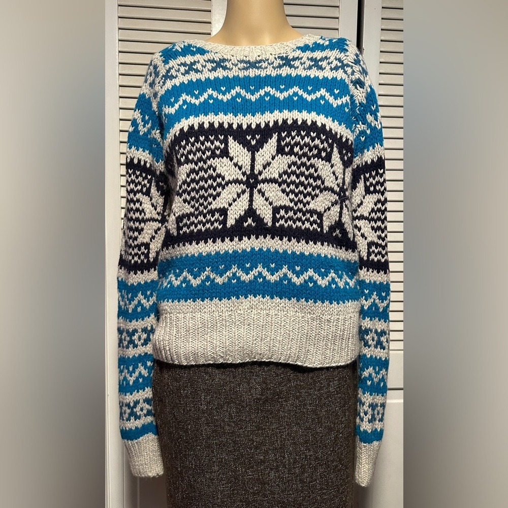 American Eagle Snowflake Angora Blend Chunky Sweater Blue Black Gray Women’s L